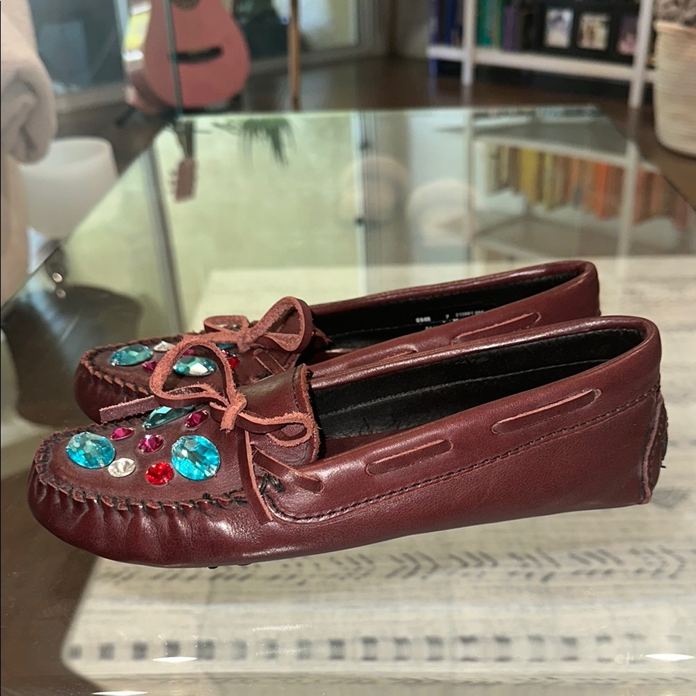Minnetonka opening ceremony Embellished Leather Loafers - Brown womens size 7 - Picture 5 of 11